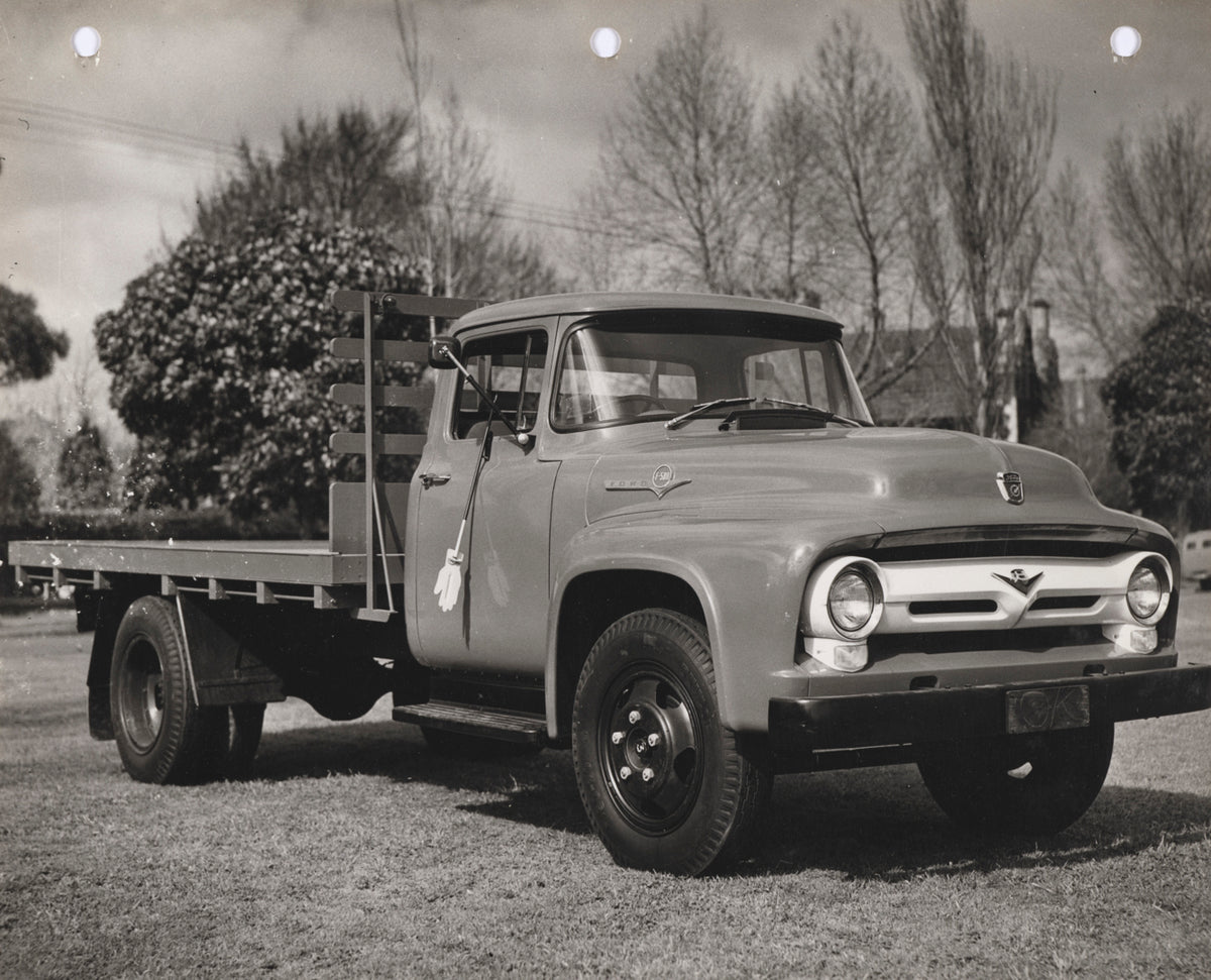 This archival image documents the 1956 Ford F-500 V8 Pickup Truck Driver Side Front End View on Grass Lawn FAP-2011-3 and is preserved in the Ford Heritage Vault as part of Ford Motor Company's historic photographic archive. Free for personal, non...