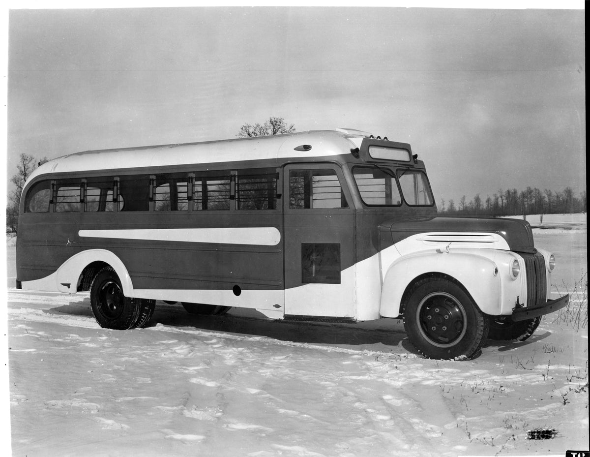 This archival image documents the 1947 Ford school bus and is preserved in the Ford Heritage Vault as part of Ford Motor Company's historic photographic archive. Free for personal, non-commercial use. Ford Heritage Vault reference AR-2008-8.1.2.3927.