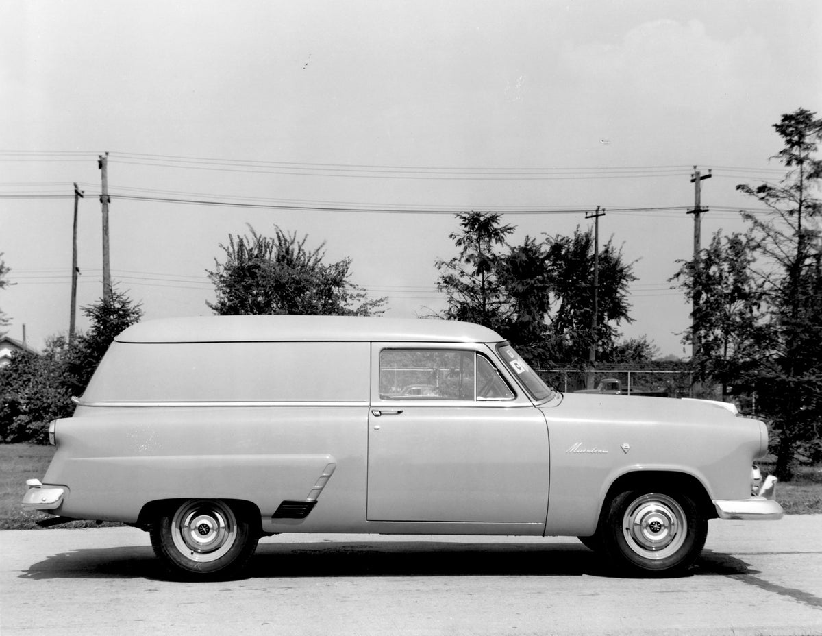 This archival image documents the 1952 Meteor Mainline Sedan Delivery side view on scenic road AR-2007-5 and is preserved in the Ford Heritage Vault as part of Ford Motor Company's historic photographic archive. Free for personal, non-commercial u...
