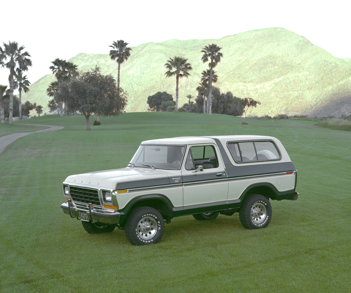 This archival image documents the 1979 Ford Bronco on golf course and is preserved in the Ford Heritage Vault as part of Ford Motor Company's historic photographic archive. Free for personal, non-commercial use. Ford Heritage Vault reference AR-20...