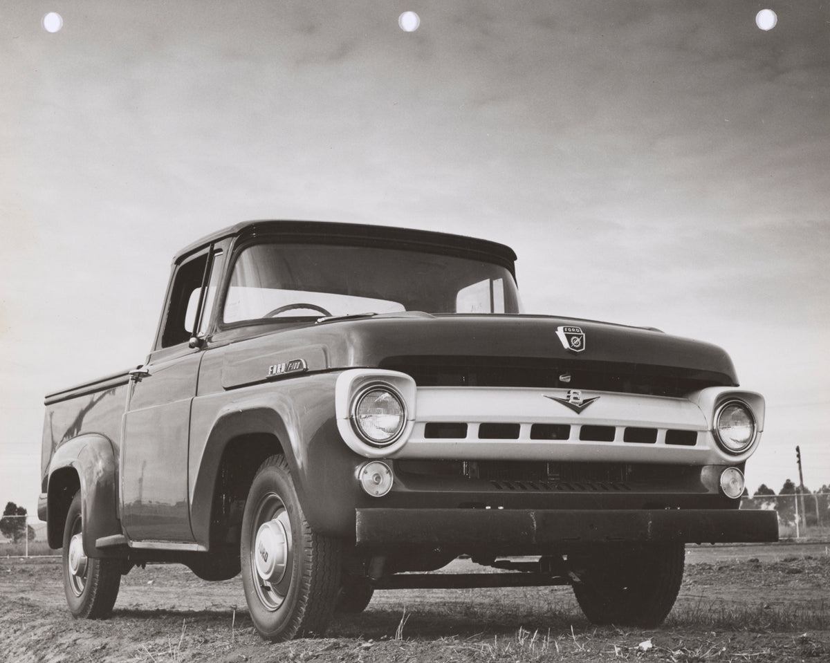 This archival image documents the 1958 Ford F-100 V8 Pickup Truck Driver Side Front End View in a Field FAP-2011-3 and is preserved in the Ford Heritage Vault as part of Ford Motor Company's historic photographic archive. Free for personal, non-co...