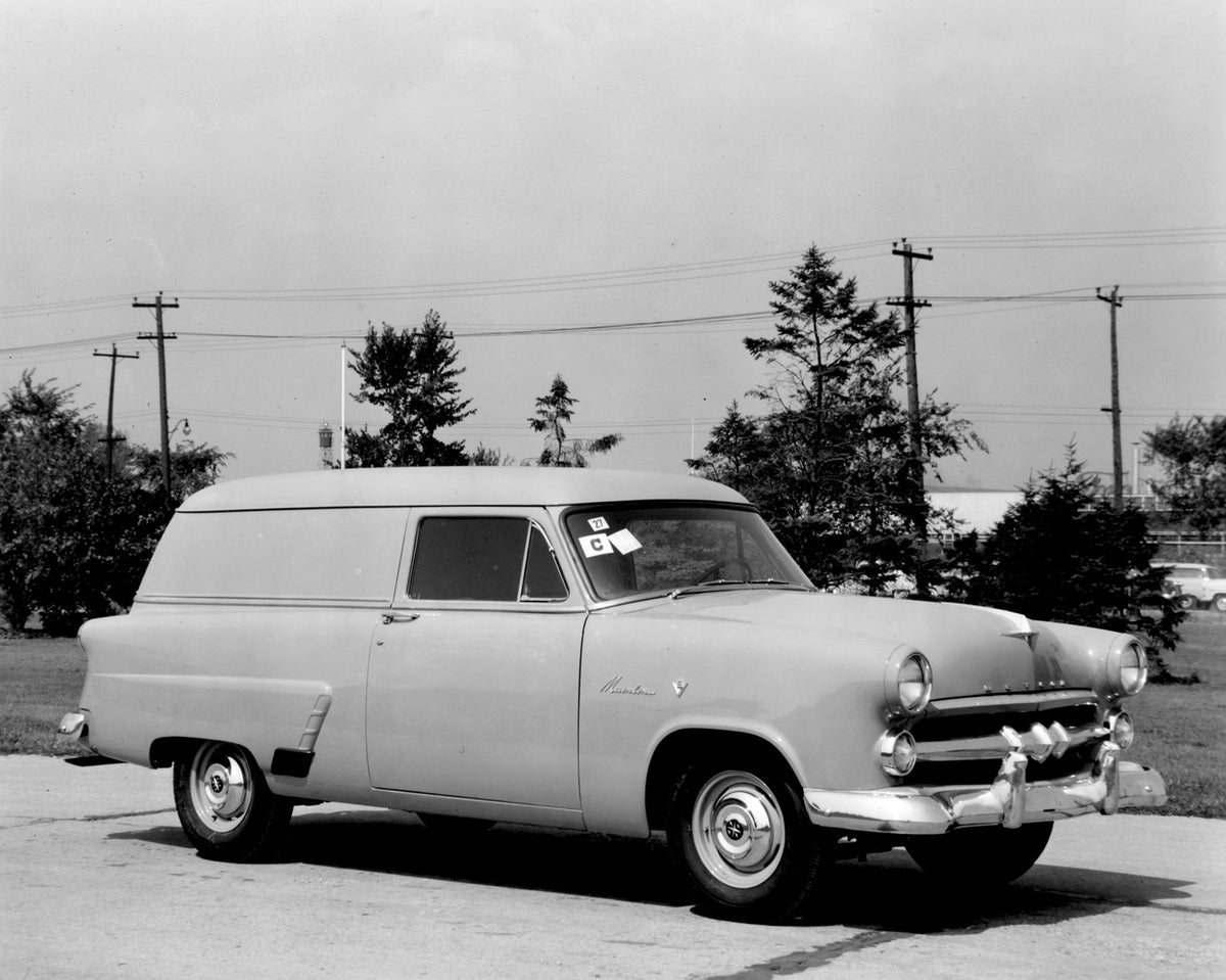 This archival image documents the 1952 Meteor Mainline Sedan Delivery on scenic road AR-2007-5 and is preserved in the Ford Heritage Vault as part of Ford Motor Company's historic photographic archive. Free for personal, non-commercial use. Ford H...