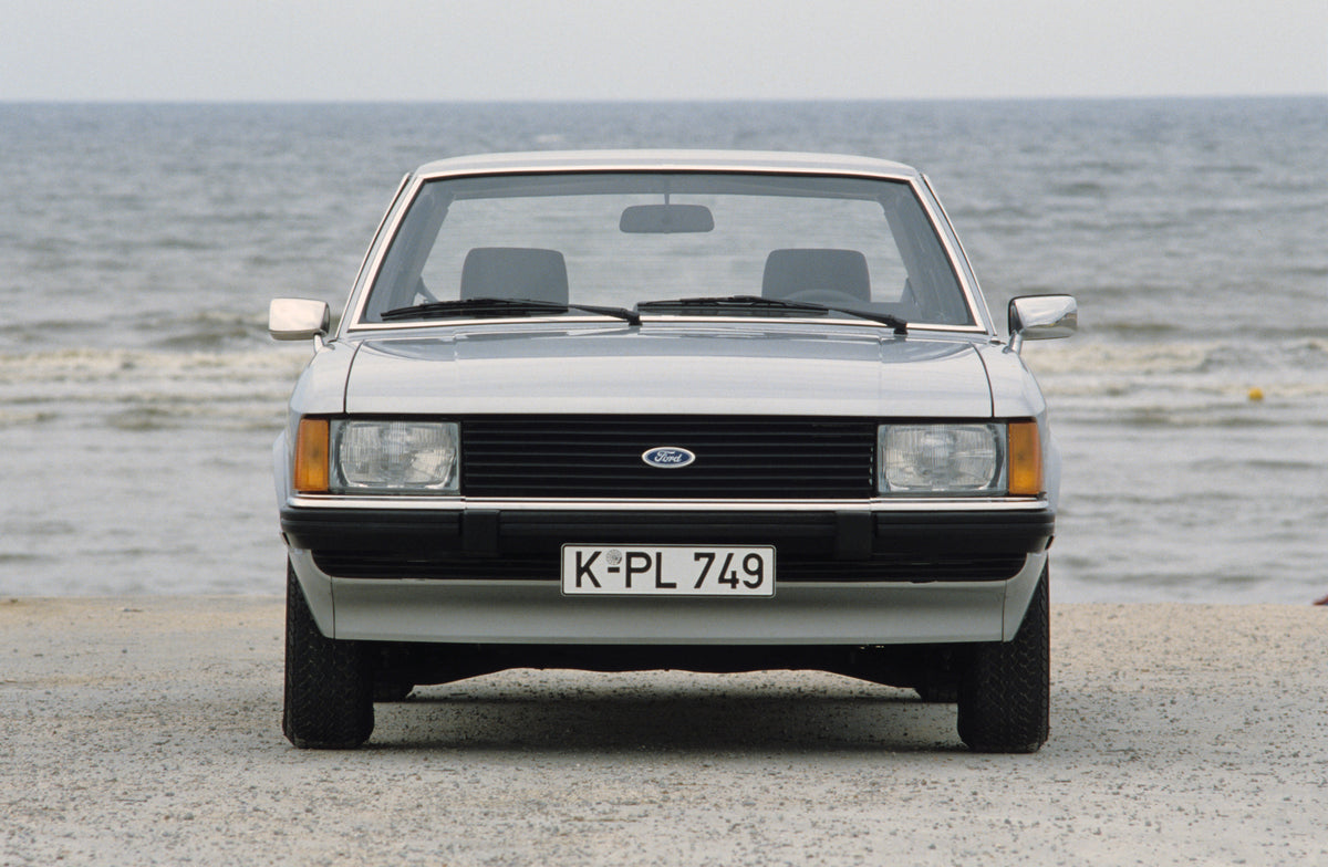 This archival image documents the 1979 Ford Granada Mark II GL front view on scenic beach and is preserved in the Ford Heritage Vault as part of Ford Motor Company's historic photographic archive. Free for personal, non-commercial use. Ford Herita...