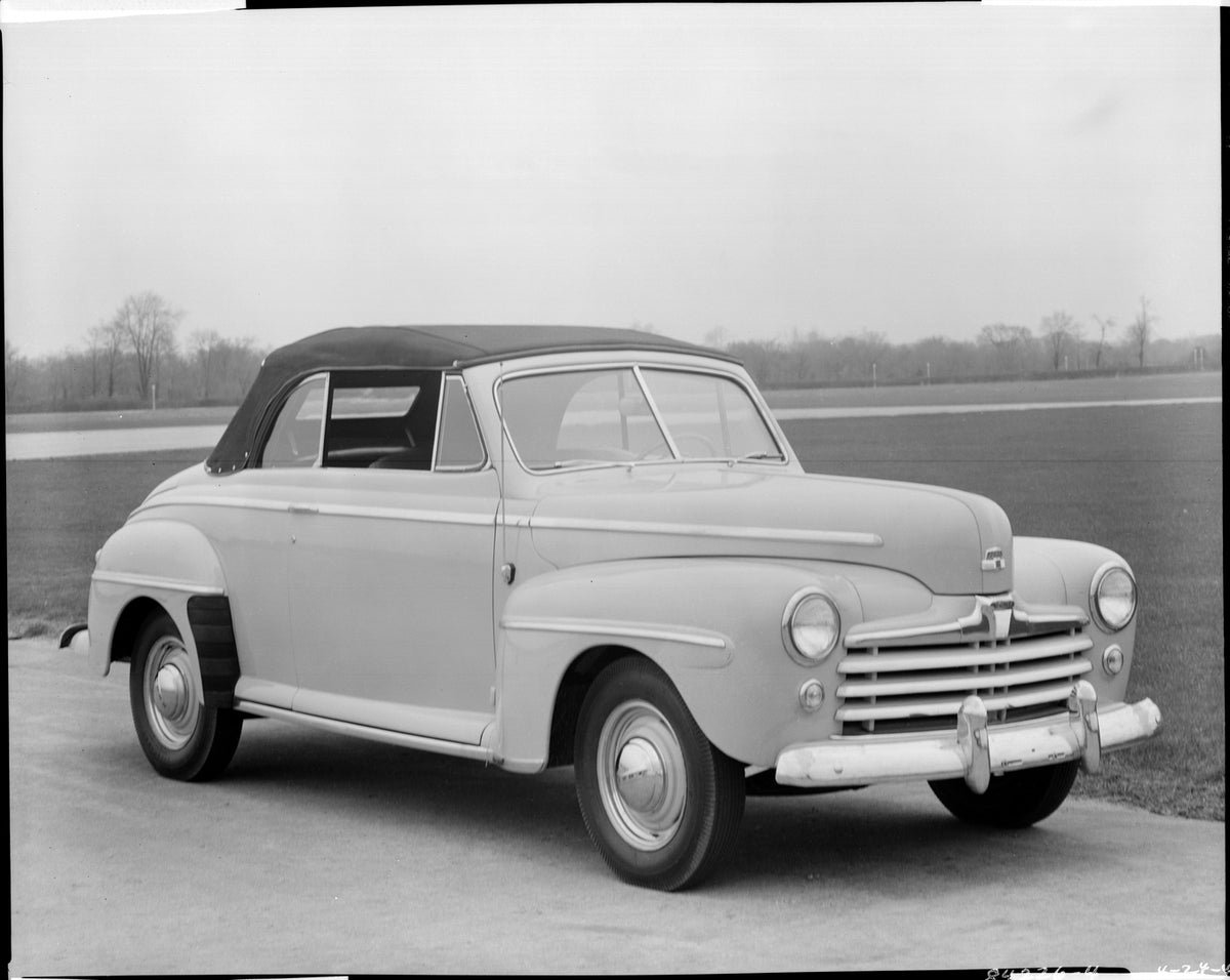 This archival image documents the 1947 Ford Super Deluxe convertible and is preserved in the Ford Heritage Vault as part of Ford Motor Company's historic photographic archive. Free for personal, non-commercial use. Ford Heritage Vault reference AR...