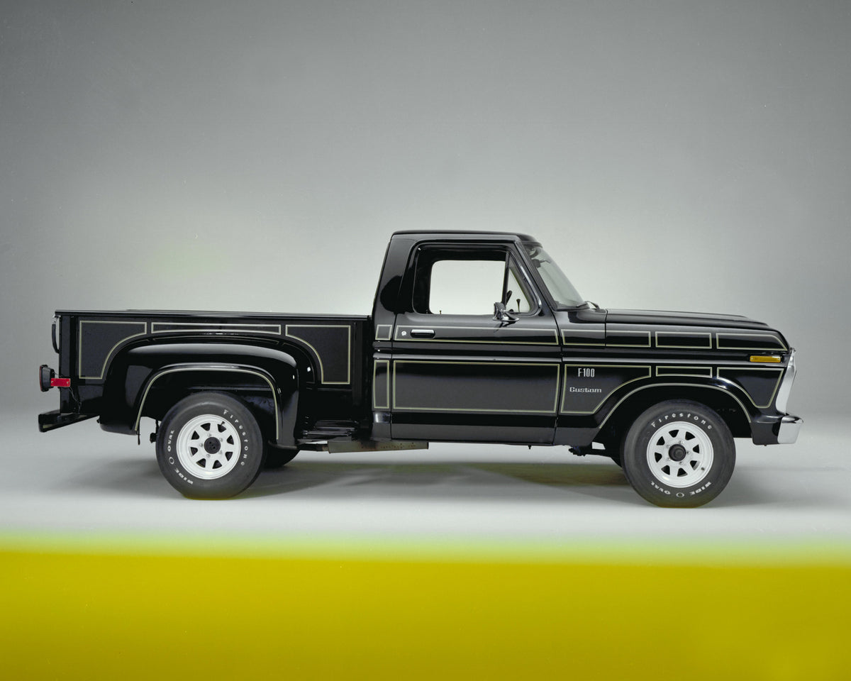 This archival image documents the 1976 Ford F-100 Custom flairside pickup truck and is preserved in the Ford Heritage Vault as part of Ford Motor Company's historic photographic archive. Free for personal, non-commercial use. Ford Heritage Vault r...