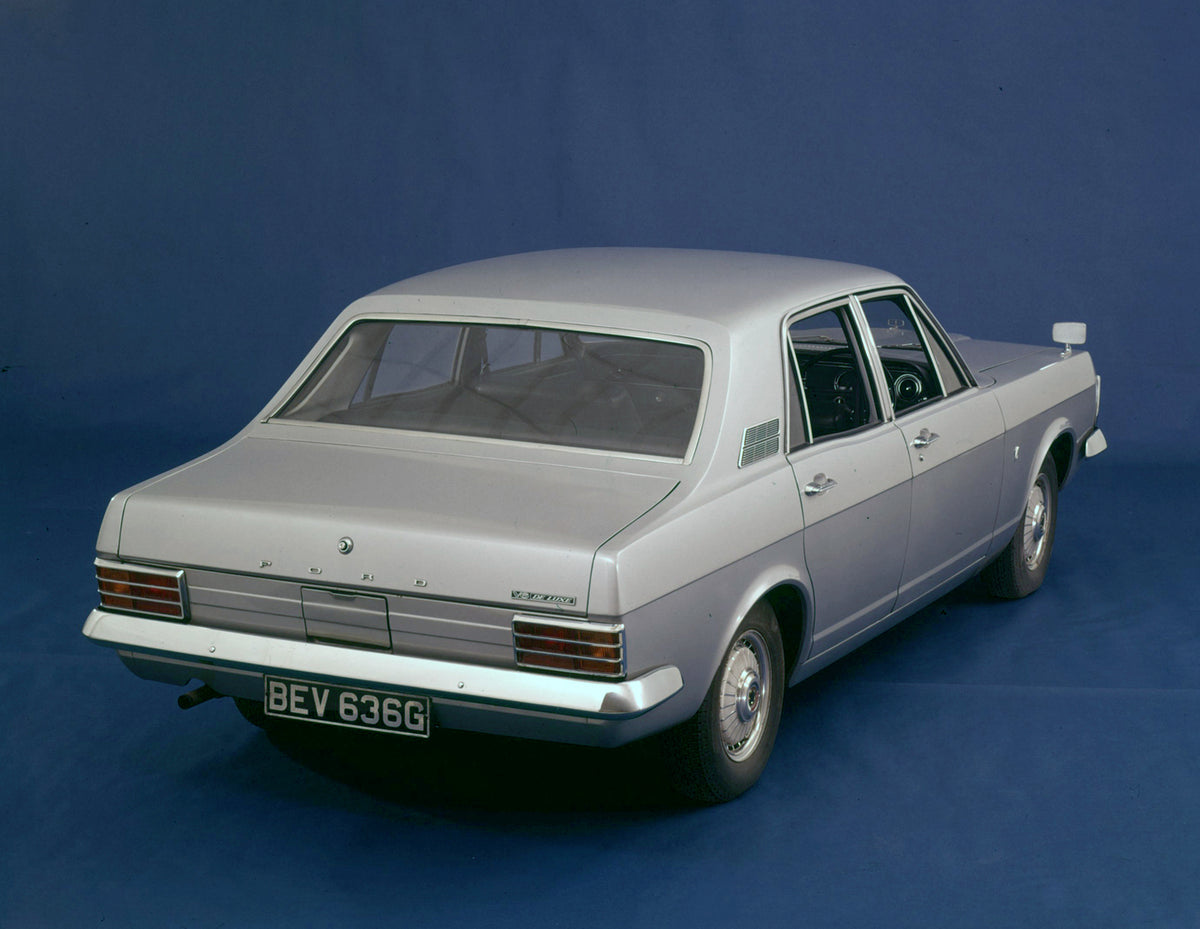 This archival image documents the 1969 Ford Zephyr Mark IV V6 Deluxe rear view in studio and is preserved in the Ford Heritage Vault as part of Ford Motor Company's historic photographic archive. Free for personal, non-commercial use. Ford Heritag...