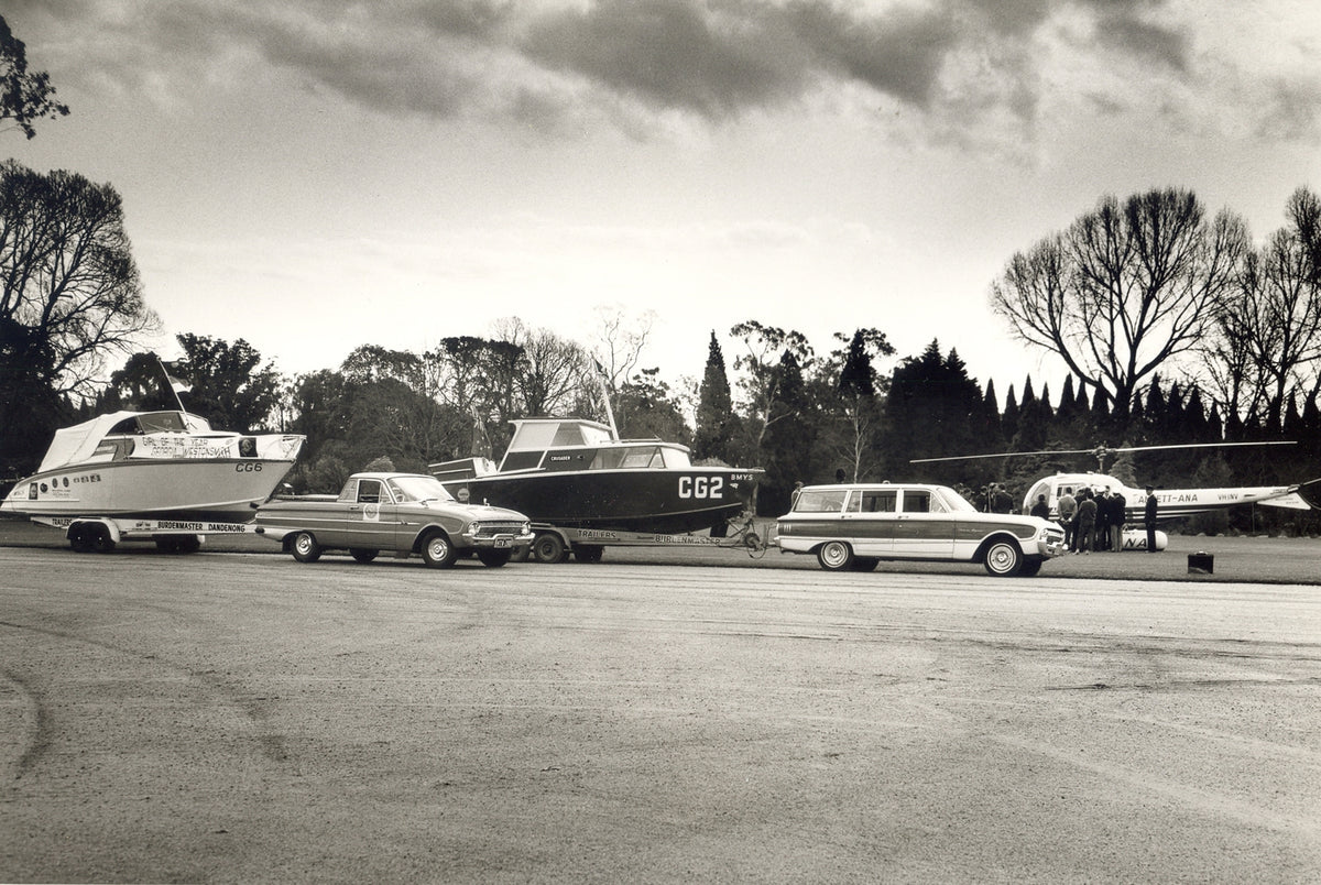 This archival image documents the 1964 Ford XM Falcon Squire Station Wagon and Ute towing boats and is preserved in the Ford Heritage Vault as part of Ford Motor Company's historic photographic archive. Free for personal, non-commercial use. Ford ...