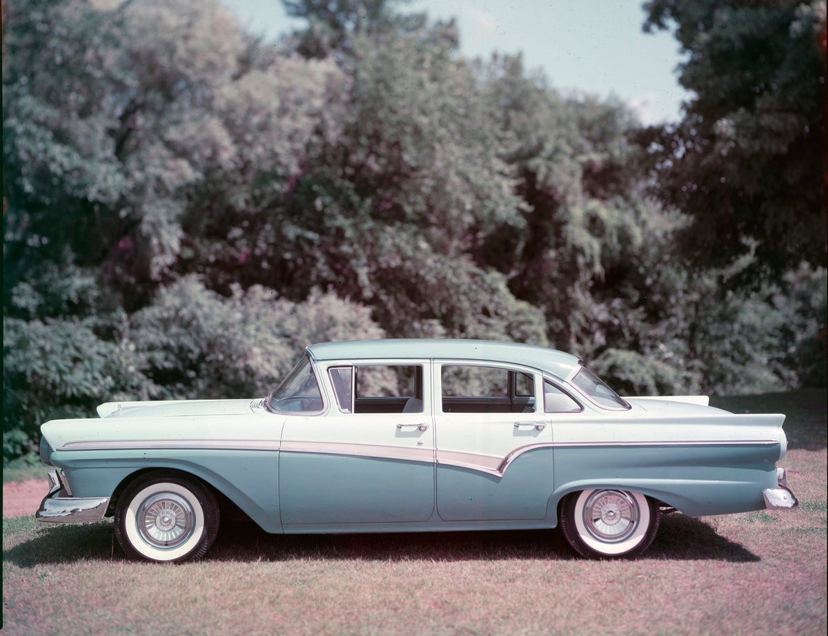 This archival image documents the 1957 Ford Custom 300 four-door sedan and is preserved in the Ford Heritage Vault as part of Ford Motor Company's historic photographic archive. Free for personal, non-commercial use. Ford Heritage Vault reference ...