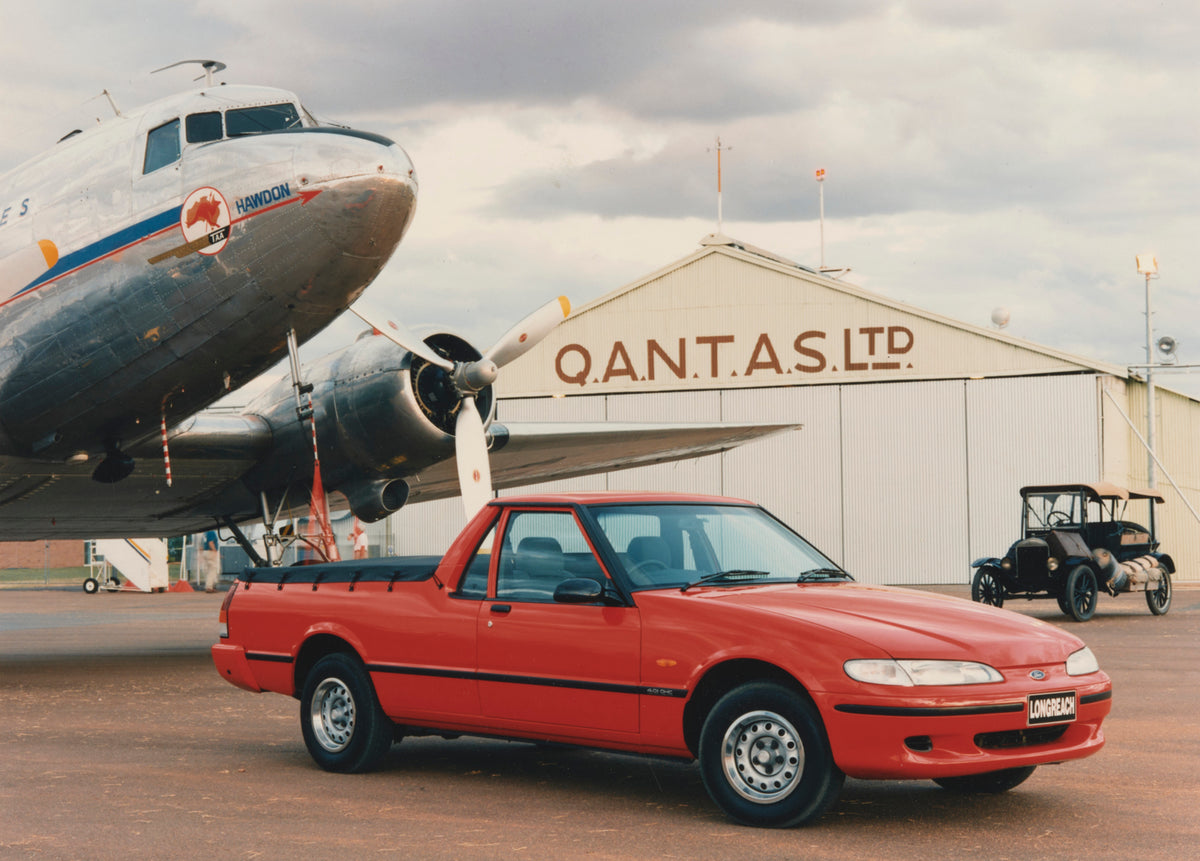 This archival image documents the 1996 Ford XG Falcon Longreach Utility Driver Side Front End View at the Airport FAP-2011-3 and is preserved in the Ford Heritage Vault as part of Ford Motor Company's historic photographic archive. Free for person...