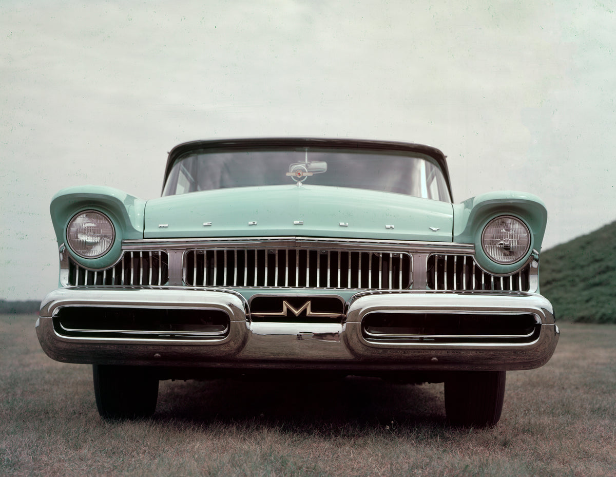 This archival image documents the 1957 Mercury Monterey two-door sedan Close Up of Front End and is preserved in the Ford Heritage Vault as part of Ford Motor Company's historic photographic archive. Free for personal, non-commercial use. Ford Her...