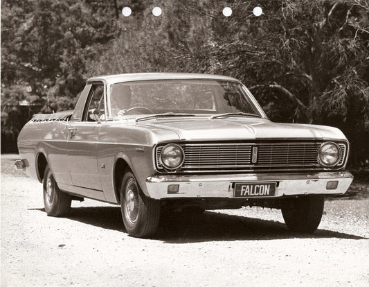 1968 Ford XT Falcon Ute on scenic road with trees HV 1968-0112