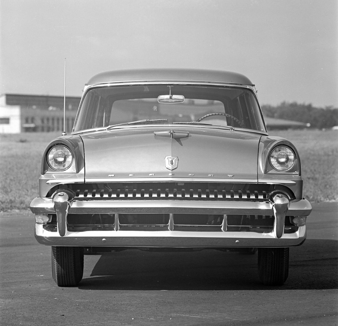 This archival image documents the 1955 Mercury station wagon Straight On Front View and is preserved in the Ford Heritage Vault as part of Ford Motor Company's historic photographic archive. Free for personal, non-commercial use. Ford Heritage Vau...