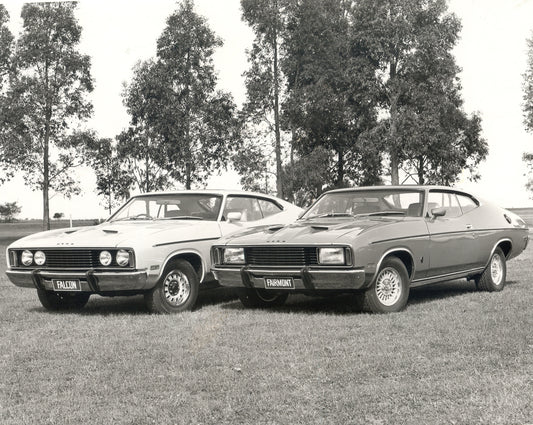 1976 Ford XC Falcons in scenic field with trees HV 1976-0110
