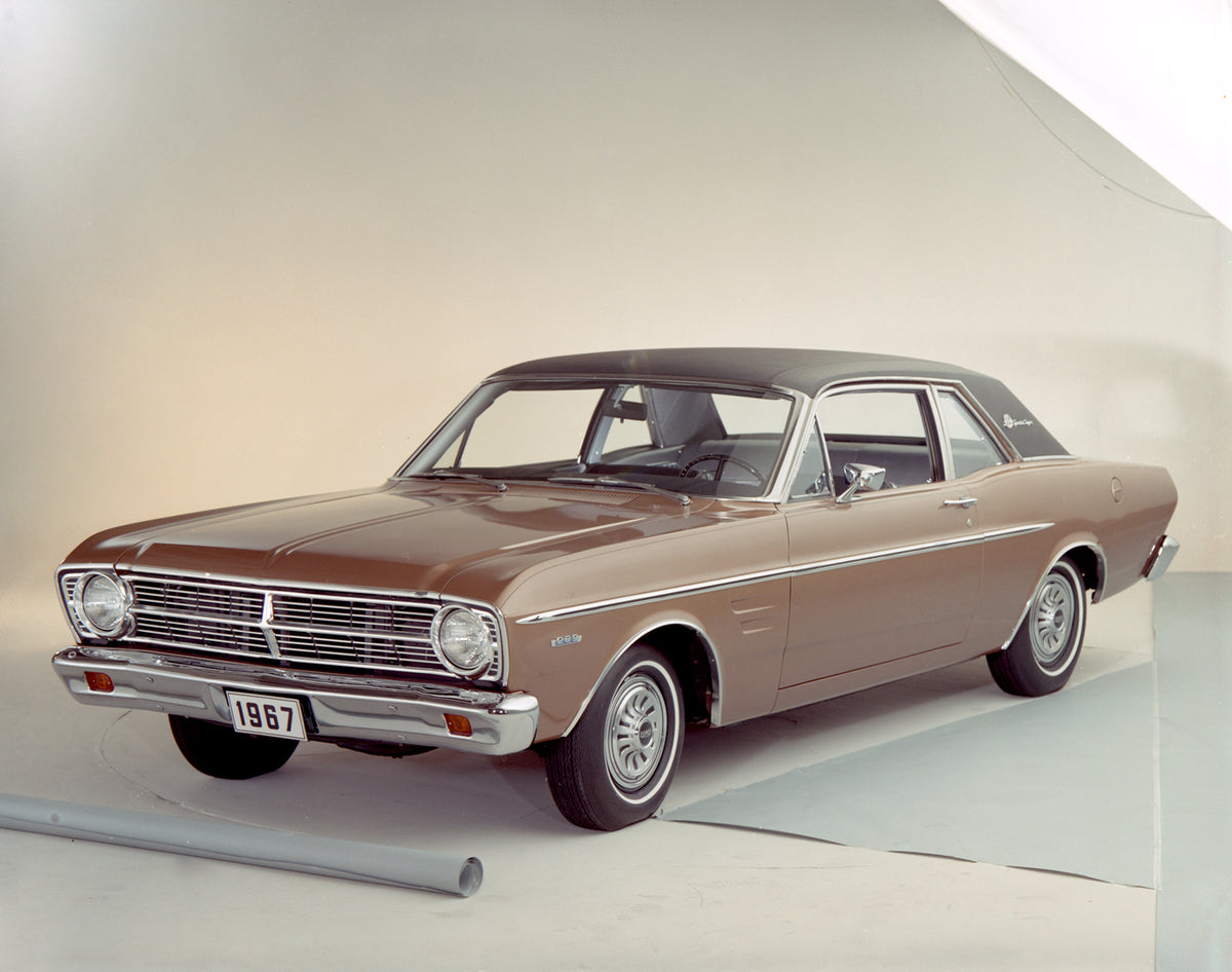 This archival image documents the 1967 Ford Falcon Sports Coupe two-door and is preserved in the Ford Heritage Vault as part of Ford Motor Company's historic photographic archive. Free for personal, non-commercial use. Ford Heritage Vault referenc...