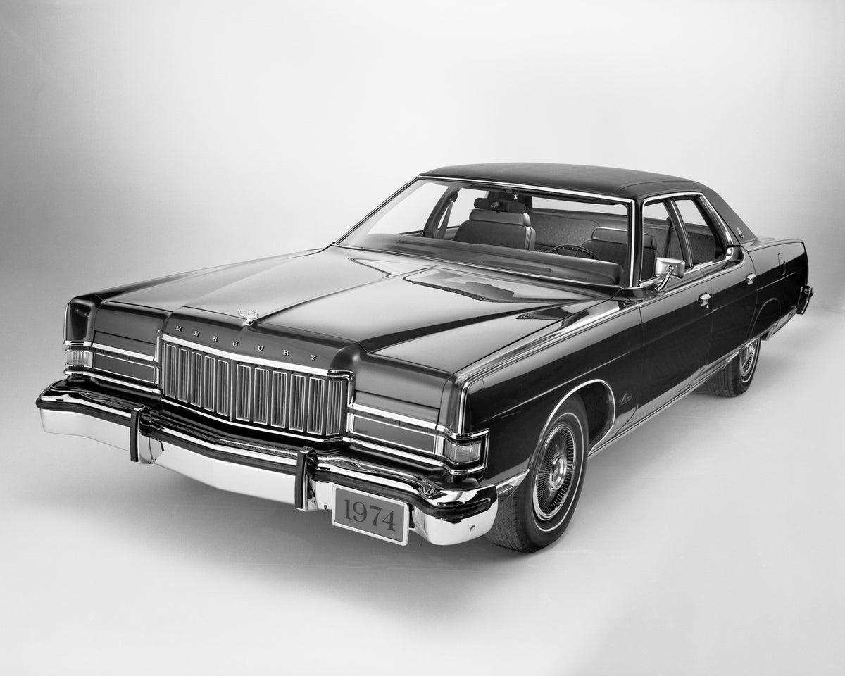 This archival image documents the 1974 Mercury Marquis Brougham Four-Door Sedan and is preserved in the Ford Heritage Vault as part of Ford Motor Company's historic photographic archive. Free for personal, non-commercial use. Ford Heritage Vault r...