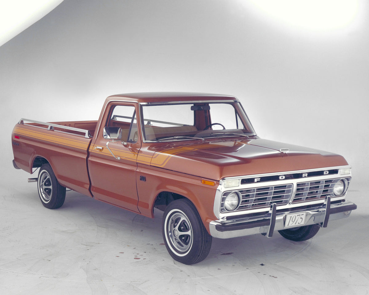 This archival image documents the 1975 Ford F-100 pickup truck and is preserved in the Ford Heritage Vault as part of Ford Motor Company's historic photographic archive. Free for personal, non-commercial use. Ford Heritage Vault reference AR-2008-...