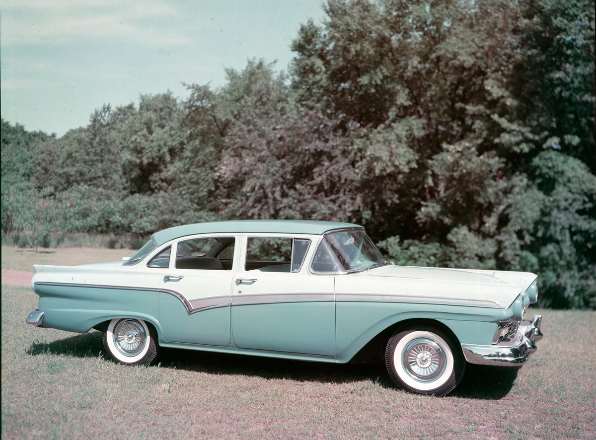 This archival image documents the 1957 Ford Custom 300 four-door sedan and is preserved in the Ford Heritage Vault as part of Ford Motor Company's historic photographic archive. Free for personal, non-commercial use. Ford Heritage Vault reference ...