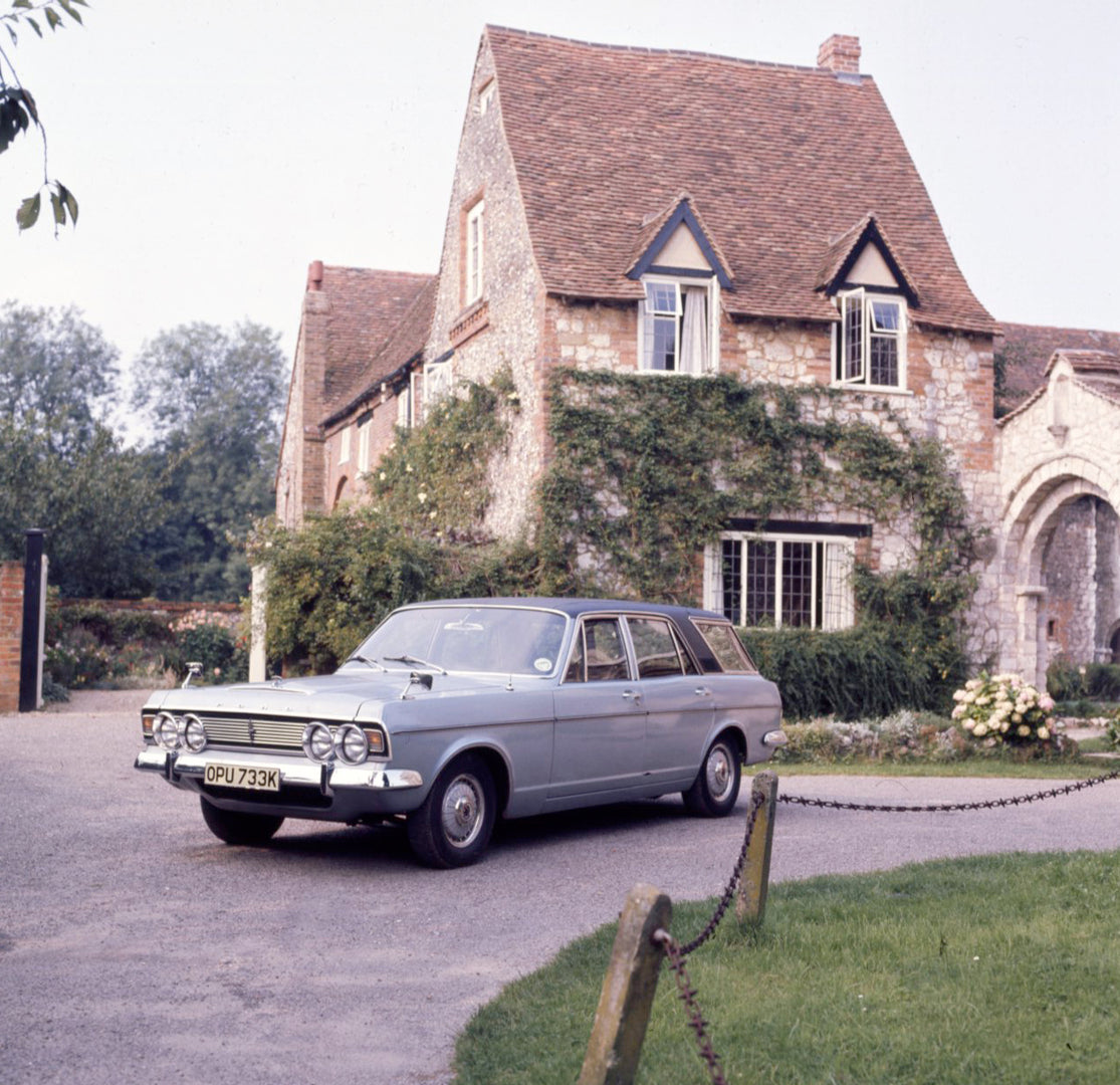 This archival image documents the 1971 Ford Zodiac Mark VI Automatic Estate in driveway of scenic house and is preserved in the Ford Heritage Vault as part of Ford Motor Company's historic photographic archive. Free for personal, non-commercial us...