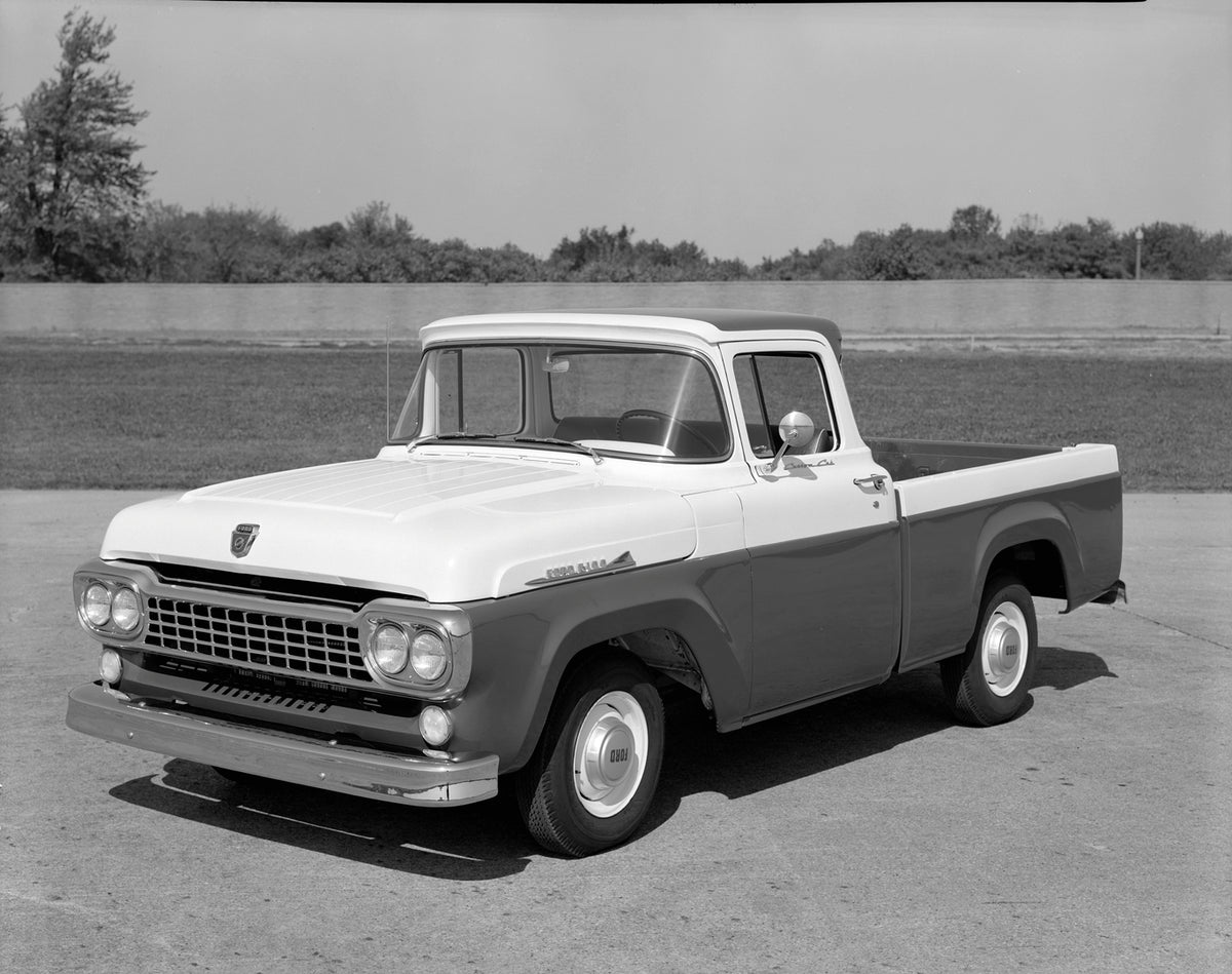 This archival image documents the 1958 Ford F-100 Custom Cab pickup truck and is preserved in the Ford Heritage Vault as part of Ford Motor Company's historic photographic archive. Free for personal, non-commercial use. Ford Heritage Vault referen...