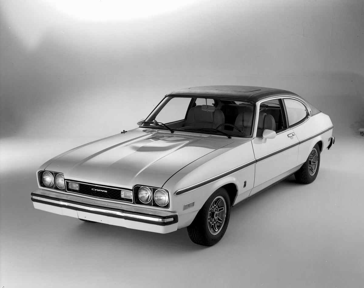 This archival image documents the 1975 Ford Capri Mark II 28 in studio 165012-233 and is preserved in the Ford Heritage Vault as part of Ford Motor Company's historic photographic archive. Free for personal, non-commercial use. Ford Heritage Vault...