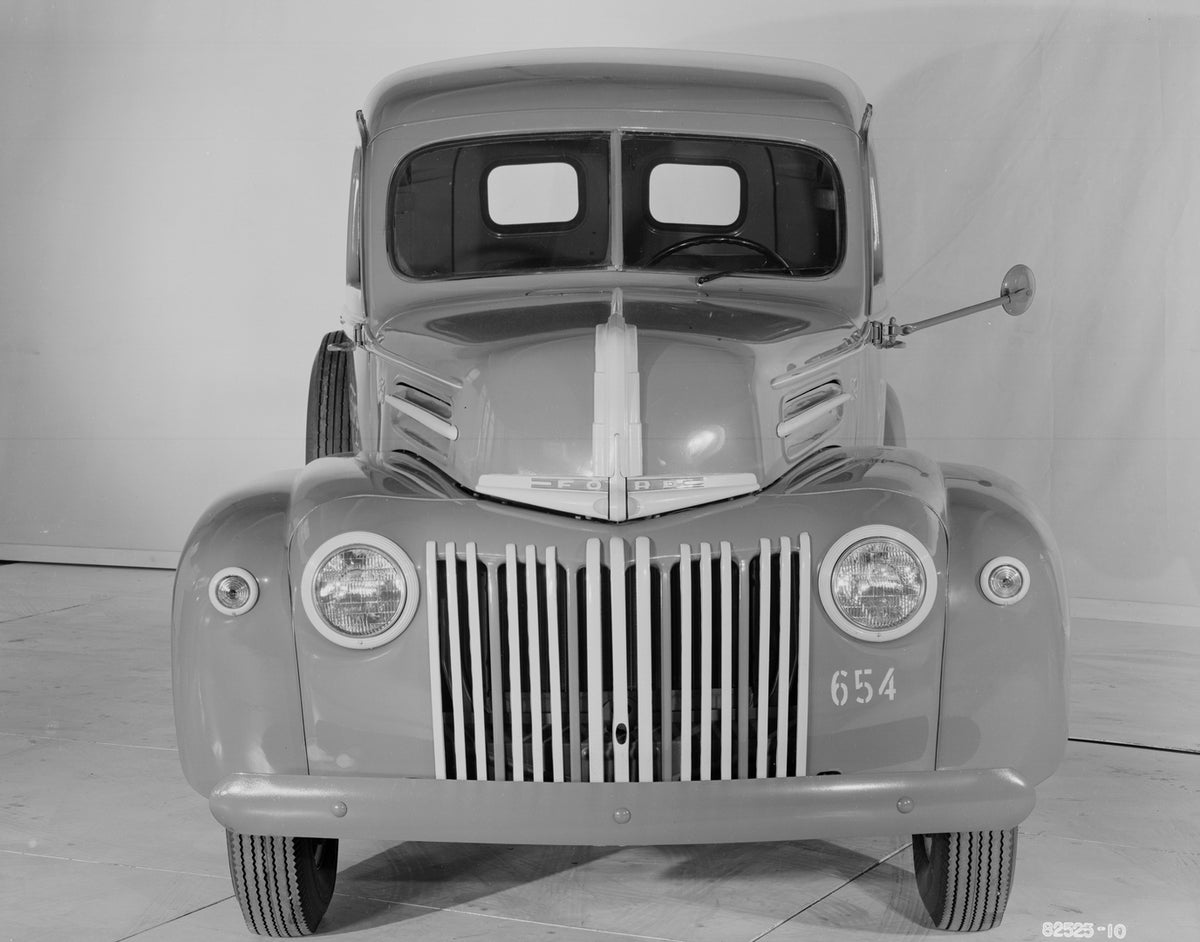 This archival image documents the 1946 Ford half ton panel truck front end and is preserved in the Ford Heritage Vault as part of Ford Motor Company's historic photographic archive. Free for personal, non-commercial use. Ford Heritage Vault refere...