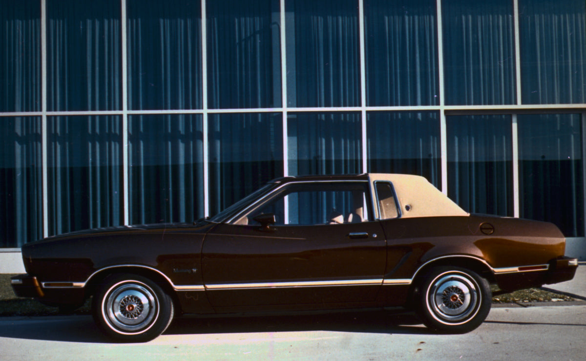 This archival image documents the 1975 Ford Mustang II Ghia and is preserved in the Ford Heritage Vault as part of Ford Motor Company's historic photographic archive. Free for personal, non-commercial use. Ford Heritage Vault reference AR-2008-8.3...