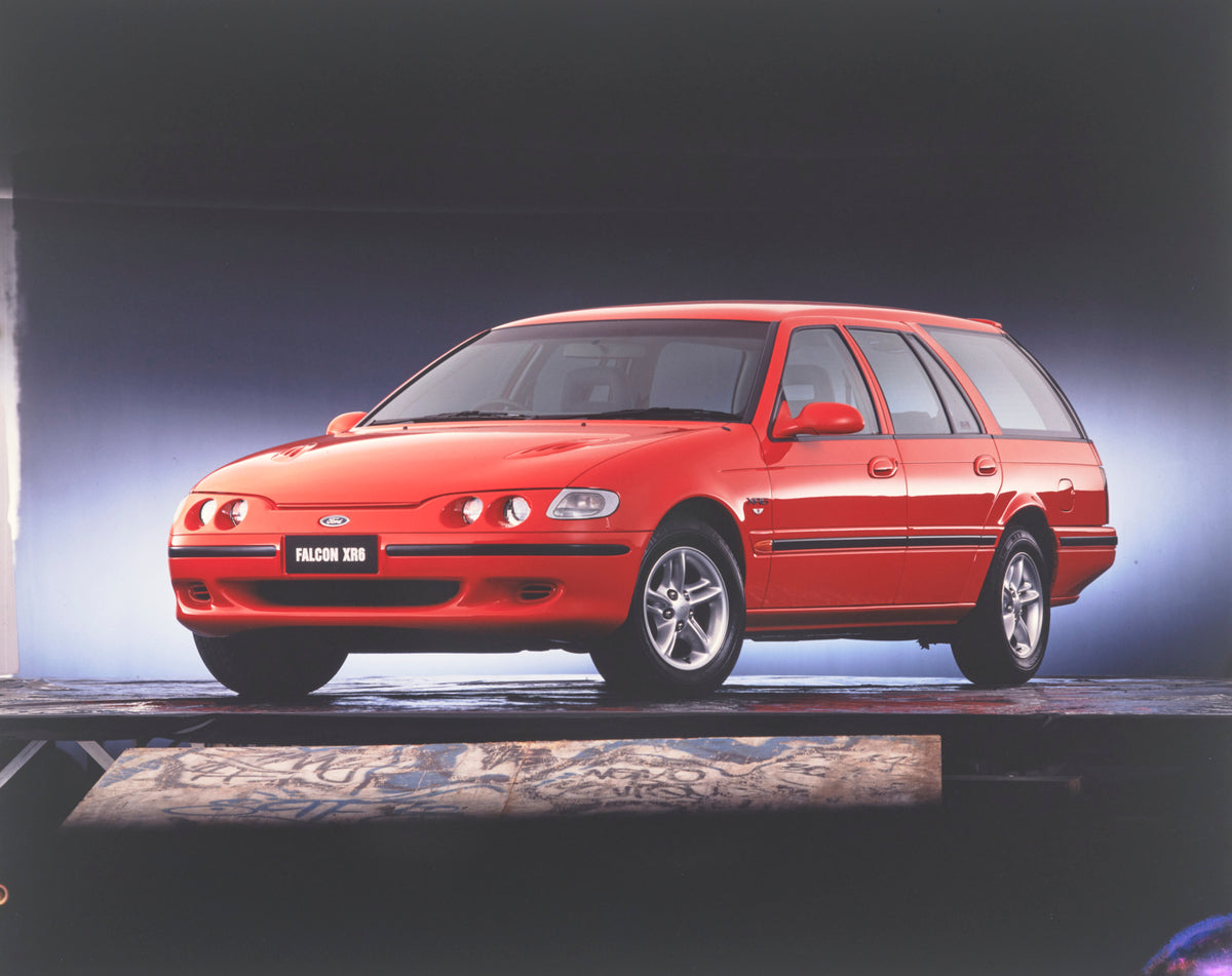 This archival image documents the 1994 Ford ED Falcon XR6 Station Wagon Passenger Side Front End View in Studio FAP-2011-3 and is preserved in the Ford Heritage Vault as part of Ford Motor Company's historic photographic archive. Free for personal...