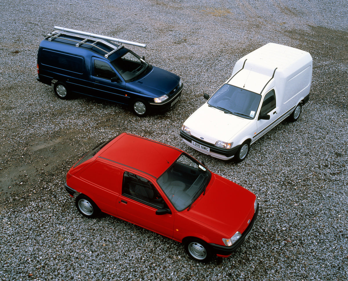 This archival image documents the 1994 Ford Escort Mark V 6/8 Counterweight Vans aerial view on gravel and is preserved in the Ford Heritage Vault as part of Ford Motor Company's historic photographic archive. Free for personal, non-commercial use...