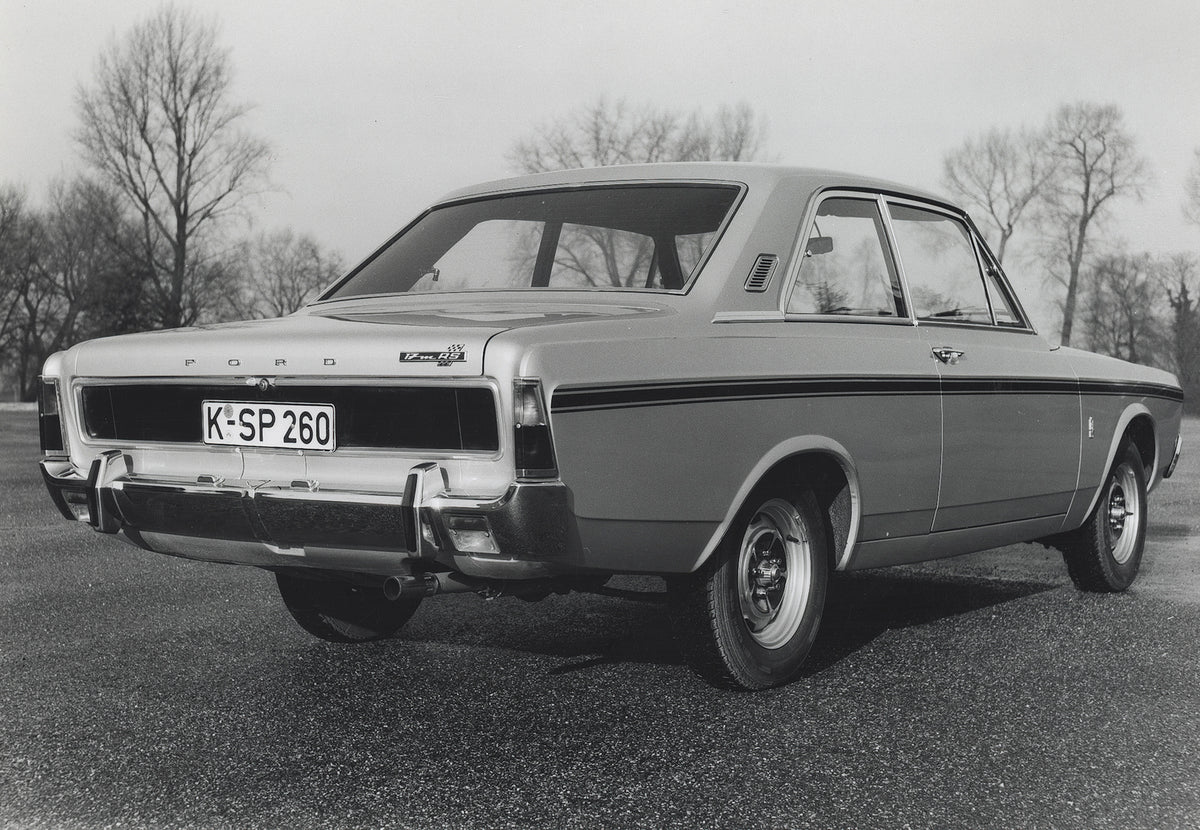 This archival image documents the 1968 Ford Taunus 17M P7 RS rear view with scenic trees and is preserved in the Ford Heritage Vault as part of Ford Motor Company's historic photographic archive. Free for personal, non-commercial use. Ford Heritag...