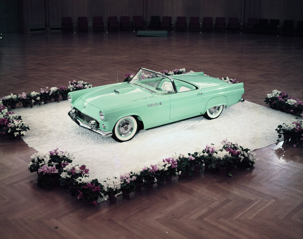 This archival image documents the 1955 Ford Thunderbird in Sky Haze Green and is preserved in the Ford Heritage Vault as part of Ford Motor Company's historic photographic archive. Free for personal, non-commercial use. Ford Heritage Vault referen...
