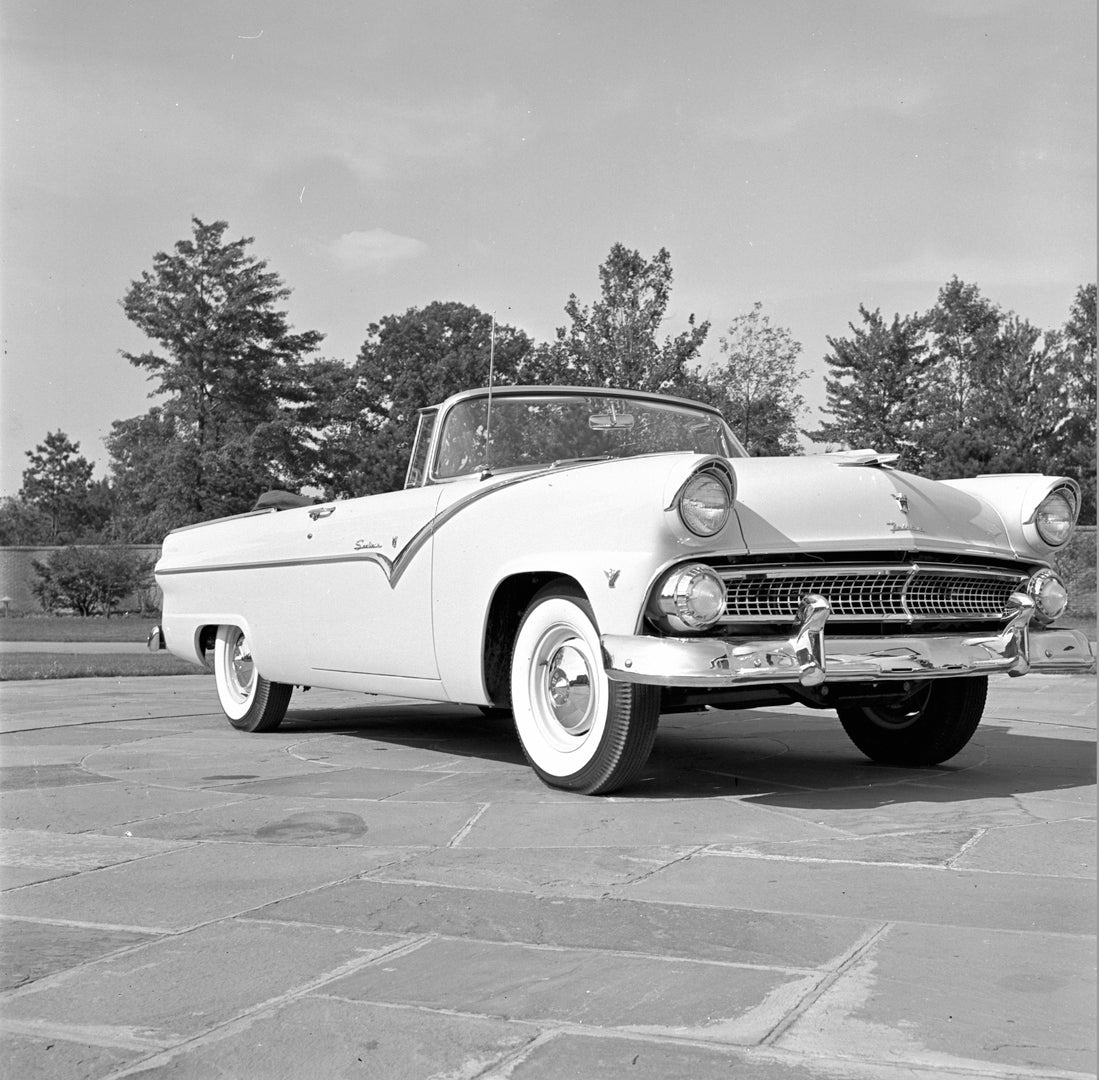 This archival image documents the 1955 Ford Fairlane Sunliner convertible and is preserved in the Ford Heritage Vault as part of Ford Motor Company's historic photographic archive. Free for personal, non-commercial use. Ford Heritage Vault referen...