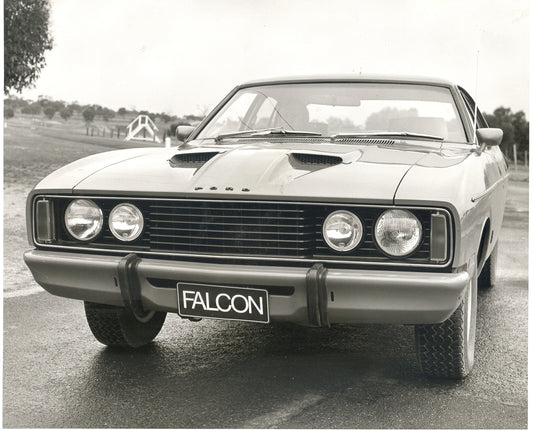 1976 Ford XC Falcon front closeup on scenic road HV 1976-0109