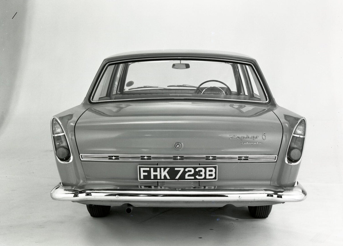 This archival image documents the 1965 Ford Zephyr 6 Mark III rear view in studio and is preserved in the Ford Heritage Vault as part of Ford Motor Company's historic photographic archive. Free for personal, non-commercial use. Ford Heritage Vault...