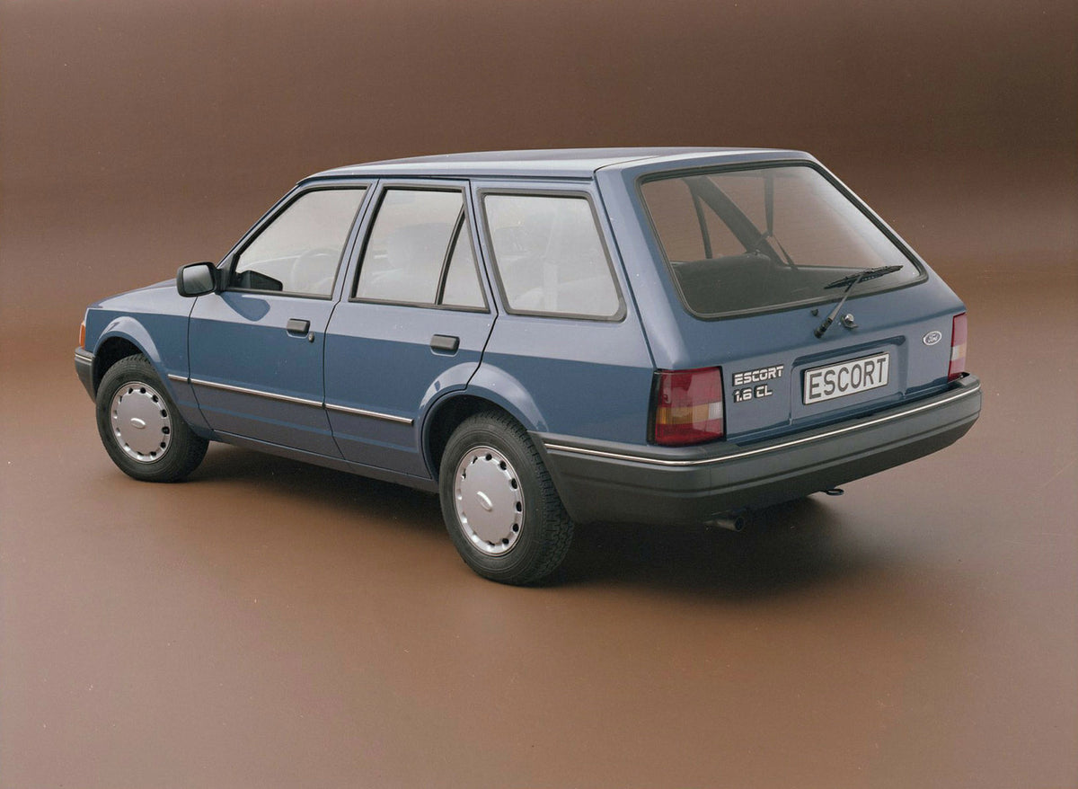 This archival image documents the 1986 Ford Escort Mark IV 1.6 CL Estate LHD rear view in studio and is preserved in the Ford Heritage Vault as part of Ford Motor Company's historic photographic archive. Free for personal, non-commercial use. Ford...