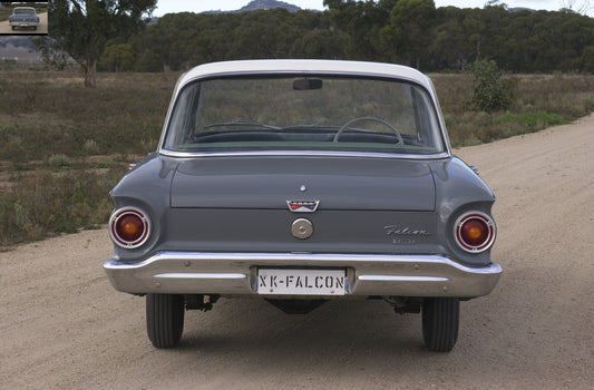 1960 Ford XK Falcon rear view on test track with scenic trees DSC_9909 HV 1960-0115