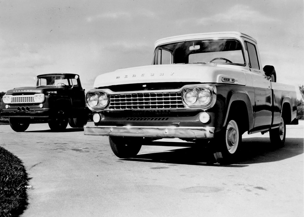 This archival image documents the 1958 Mercury M-100 Pickups on road AR-2007-5 and is preserved in the Ford Heritage Vault as part of Ford Motor Company's historic photographic archive. Free for personal, non-commercial use. Ford Heritage Vault re...