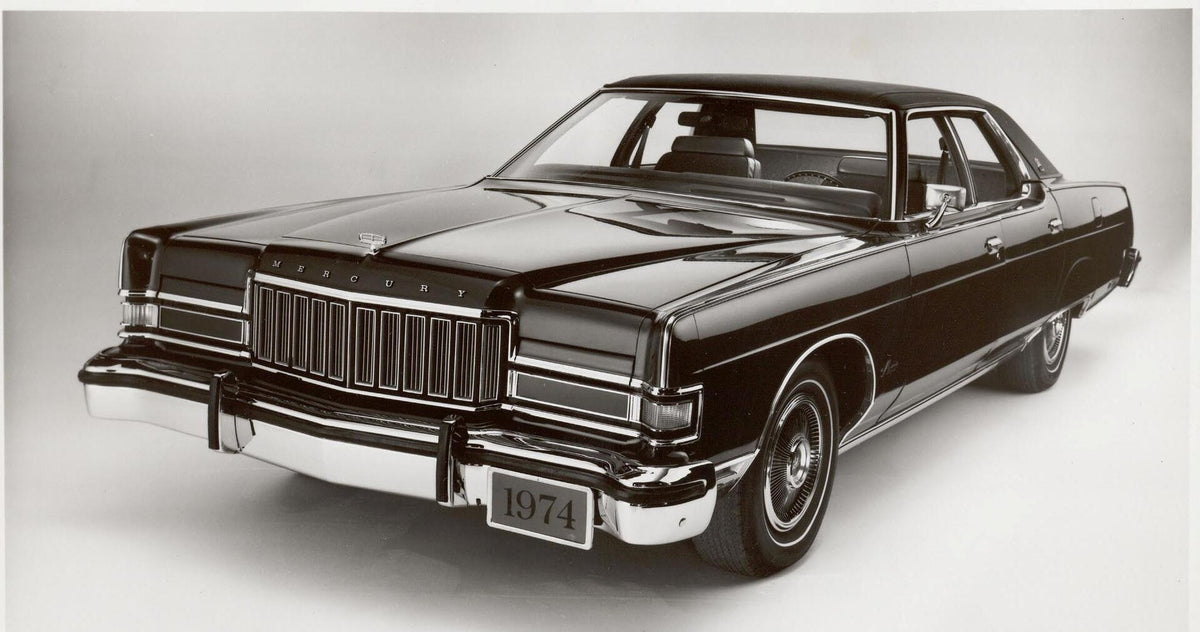 This archival image documents the 1974 Mercury Marquis front angle in studio and is preserved in the Ford Heritage Vault as part of Ford Motor Company's historic photographic archive. Free for personal, non-commercial use. Ford Heritage Vault refe...