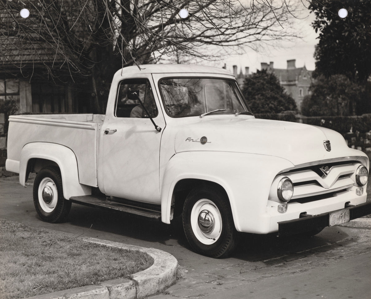 This archival image documents the 1957 Ford F-100 V8 Pickup Truck Driver Side Front End View in Driveway FAP-2011-3 and is preserved in the Ford Heritage Vault as part of Ford Motor Company's historic photographic archive. Free for personal, non-c...