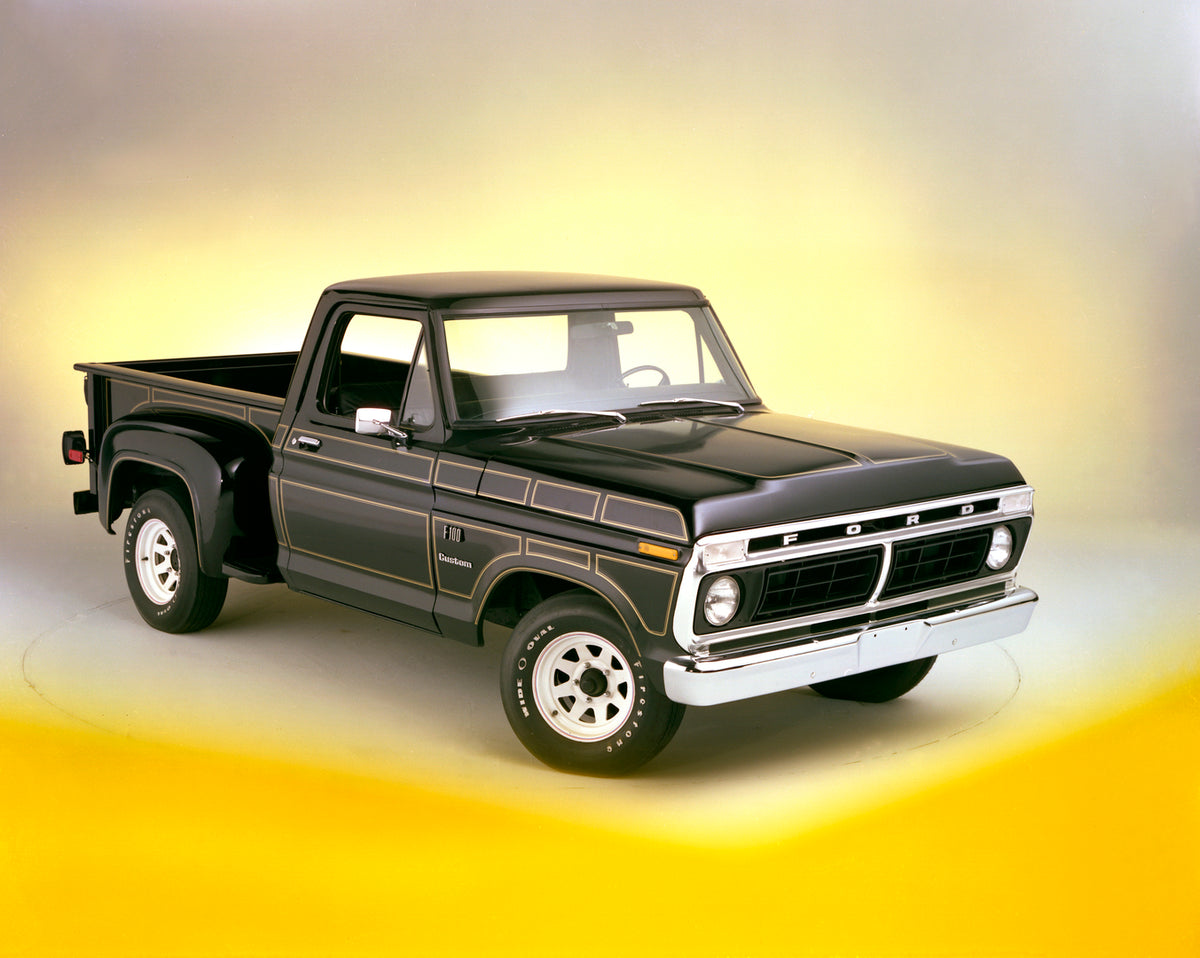 This archival image documents the 1976 Ford F-100 Custom flairside pickup truck and is preserved in the Ford Heritage Vault as part of Ford Motor Company's historic photographic archive. Free for personal, non-commercial use. Ford Heritage Vault r...
