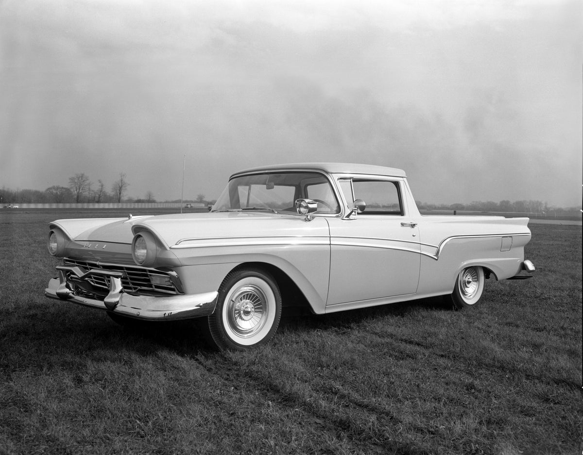 This archival image documents the 1957 Ford Ranchero and is preserved in the Ford Heritage Vault as part of Ford Motor Company's historic photographic archive. Free for personal, non-commercial use. Ford Heritage Vault reference AR-2008-8.1.4.534.