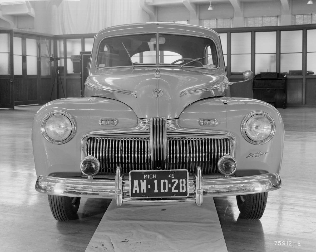 This archival image documents the 1941 Ford Super DeLuxe front end and is preserved in the Ford Heritage Vault as part of Ford Motor Company's historic photographic archive. Free for personal, non-commercial use. Ford Heritage Vault reference AR-2...