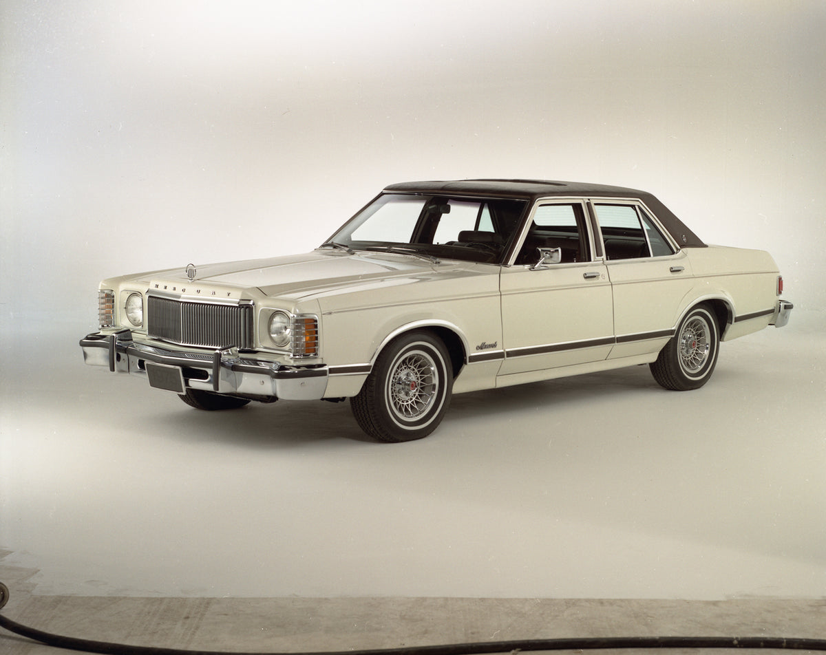 This archival image documents the 1975 Mercury Monarch Ghia four-door in studio and is preserved in the Ford Heritage Vault as part of Ford Motor Company's historic photographic archive. Free for personal, non-commercial use. Ford Heritage Vault r...