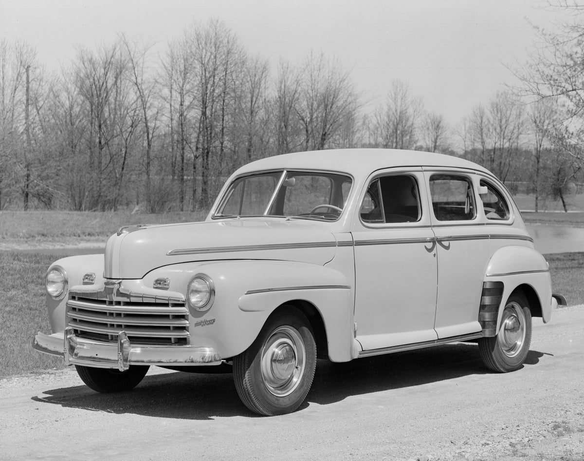 This archival image documents the 1946 Ford Super Deluxe fordor sedan and is preserved in the Ford Heritage Vault as part of Ford Motor Company's historic photographic archive. Free for personal, non-commercial use. Ford Heritage Vault reference A...