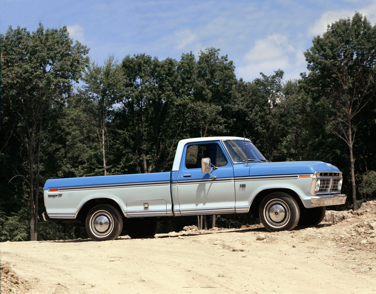 This archival image documents the 1975 Ford F-100 Ranger XLT pickup truck and is preserved in the Ford Heritage Vault as part of Ford Motor Company's historic photographic archive. Free for personal, non-commercial use. Ford Heritage Vault referen...