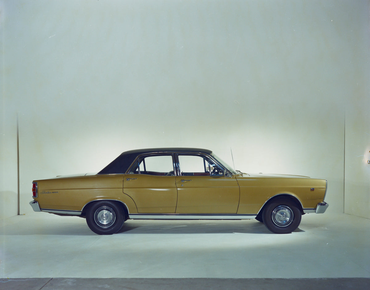This archival image documents the 1969 Ford XW Falcon Fairlane 500 Sedan with Vinyl Roof Side View FAP 2011-3 and is preserved in the Ford Heritage Vault as part of Ford Motor Company's historic photographic archive. Free for personal, non-commerc...