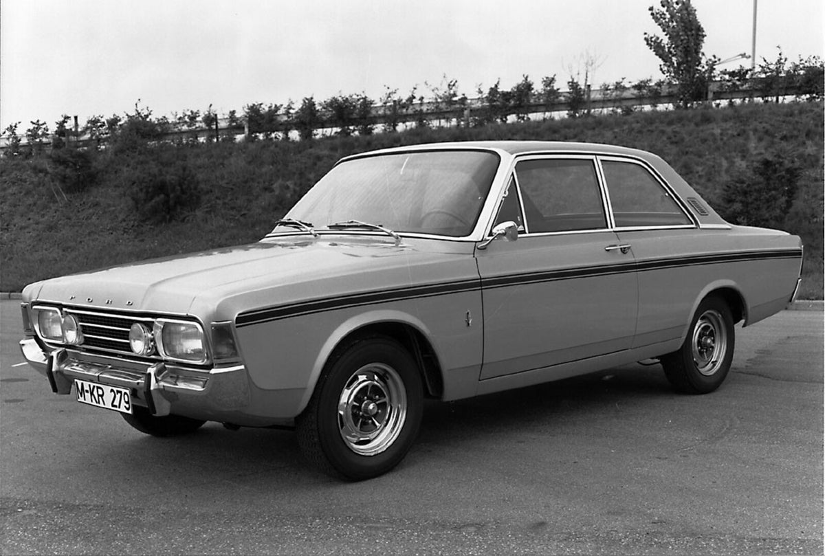 This archival image documents the 1968 Ford Taunus 20M on scenic road and is preserved in the Ford Heritage Vault as part of Ford Motor Company's historic photographic archive. Free for personal, non-commercial use. Ford Heritage Vault reference A...