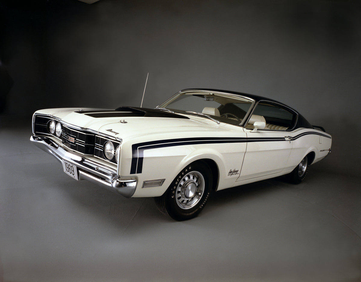 This archival image documents the 1969 Mercury Cyclone Spoiler Dan Gurney Ed Front Angle and is preserved in the Ford Heritage Vault as part of Ford Motor Company's historic photographic archive. Free for personal, non-commercial use. Ford Heritag...