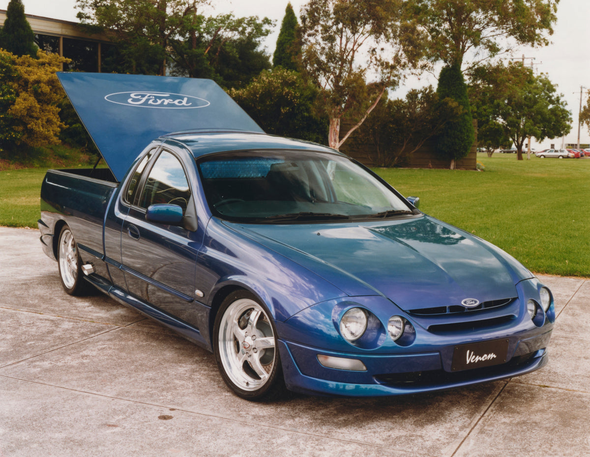 This archival image documents the 1999 Ford AU Falcon Venom Utility with Open Truck Bed Cover FAP 2011-3 and is preserved in the Ford Heritage Vault as part of Ford Motor Company's historic photographic archive. Free for personal, non-commercial u...