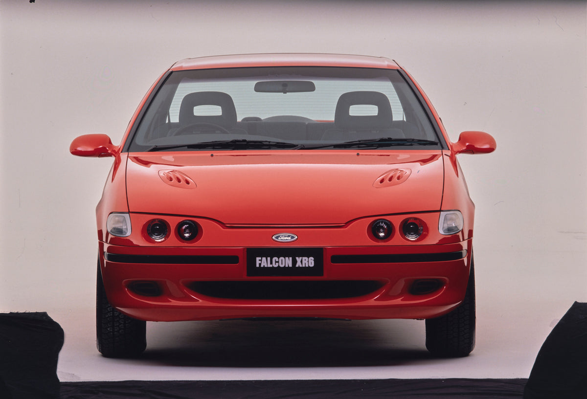 This archival image documents the 1994 Ford ED Falcon XR6 Sedan Front End View in Studio FAP-2011-3 and is preserved in the Ford Heritage Vault as part of Ford Motor Company's historic photographic archive. Free for personal, non-commercial use. F...