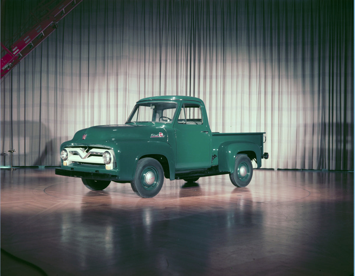 This archival image documents the 1955 Ford F-100 Custom Cab pickup truck and is preserved in the Ford Heritage Vault as part of Ford Motor Company's historic photographic archive. Free for personal, non-commercial use. Ford Heritage Vault referen...